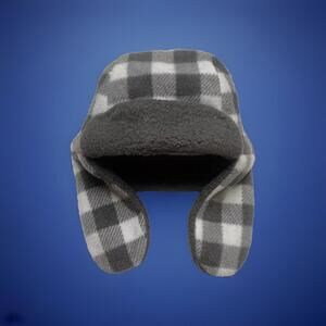 HB Toddler Boys 18-24M Gray White Plaid Squares Plush Lined Winter Trapper Hat